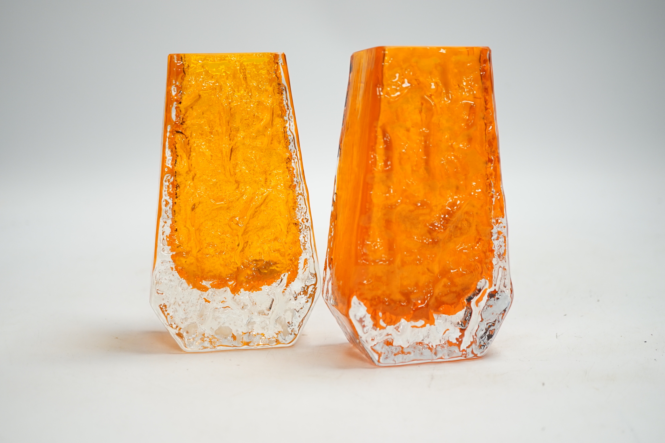 A pair of Whitefriars ‘Coffin’ vases in tangerine, 13cm